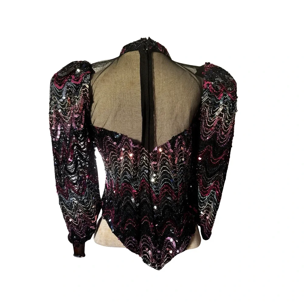 80s Pink Sequin Black Mesh Party Blouse SM/MED